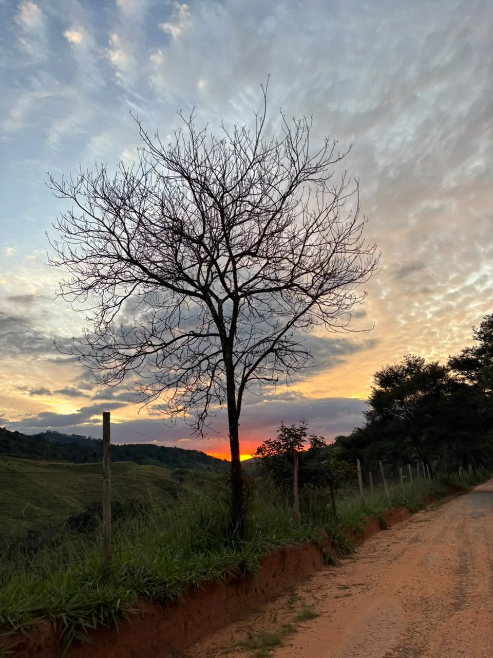 Pôr do sol em estrada de terra na região do sítio