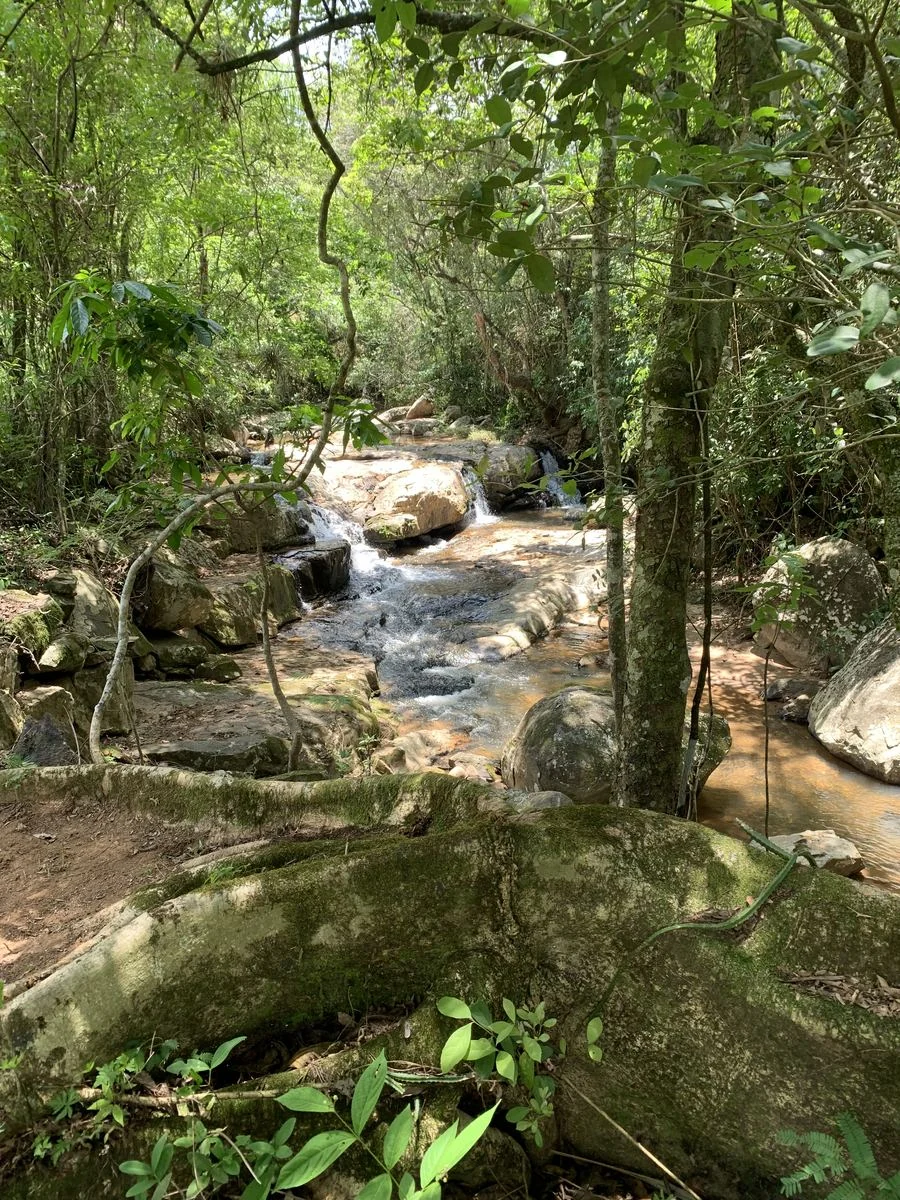 Trecho de rio natural entre pedras e mata dentro do Sítio da Barra